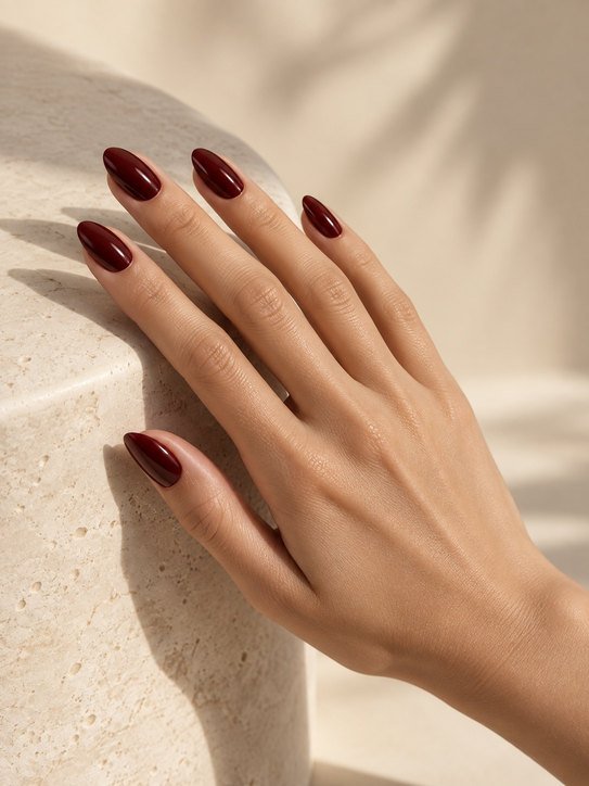 A saved nail try-on result showing a cherry-red almond-shaped manicure, bookmarked with a heart icon.